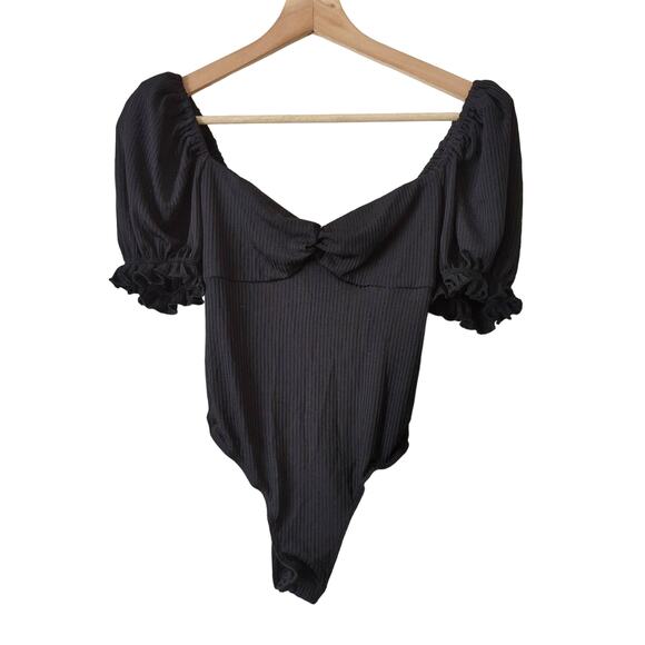 Astr Tops - ASTR The Label Womens Bodysuit Rib Knit Sweetheart Neck Ruched Puff Sleeve Small